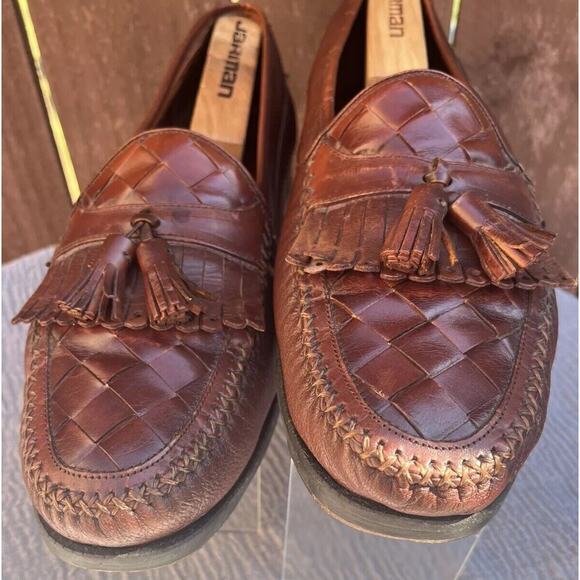 Men\'s Brass Boot Brown Leather Tassel and Weave Loafers Size 12 Made in Spain main image 4